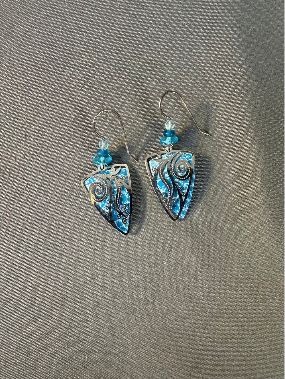 Blue Beaded Triangle Dangle Earring With Silver Accents
